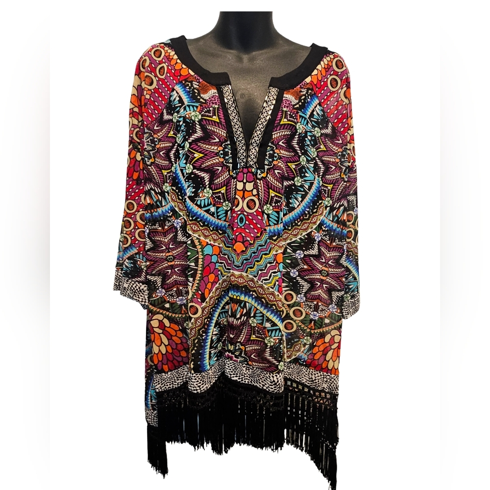Bohemian Multicolor Swim Coverup with Fringe